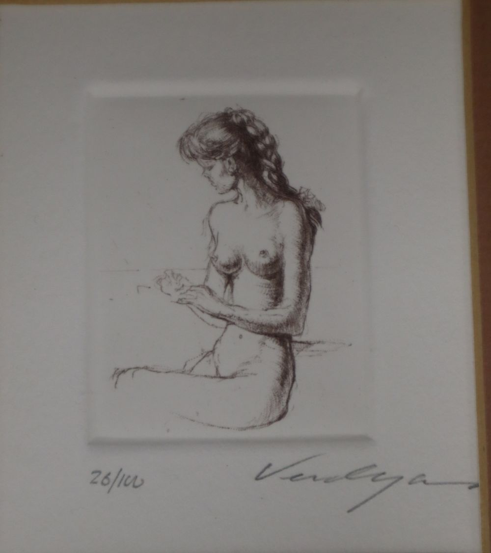 Verdyer (?), two small etchings of female nudes, signed, 26/100, overall 8 x 6.5cm